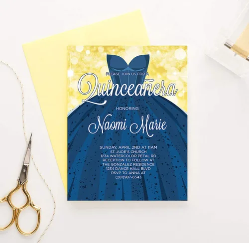 Vista 3 de Modern Pink Paper Invitaciones de quinceañera azul real y oro, invitaciones de vestido de quinceañera, su elección de cantidad, información