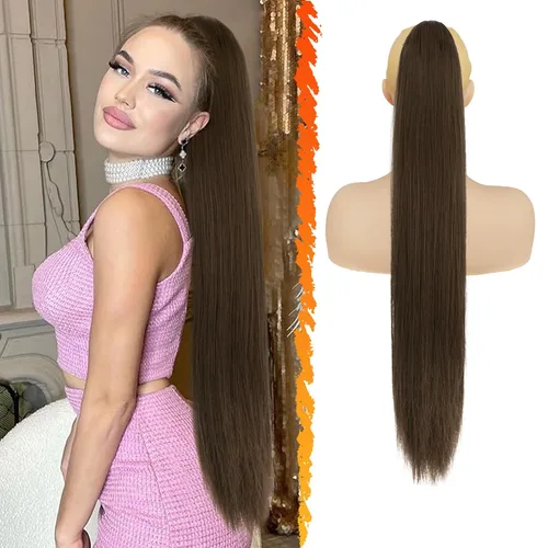 Vista 21 de Barsdar Extensión de cola de caballo marrón oscuro - Extensiones de cola de caballo cortas y rectas de 14 pulgadas con cordón para mujeres