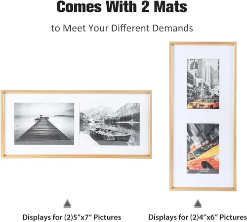 Vista 2 de Marco de fotos de aluminio dorado con 2 aperturas de 5 x 7 2 tapetes incluidos, plexiglás HD, se adapta a fotos de 5 x 7 o 4 x 6, soporte de mesa