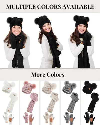 Vista 6 de Conjunto de gorro, bufanda y guantes de invierno para mujer, gorro con forro polar con doble pompón, guantes para pantalla táctil, bufanda de punto