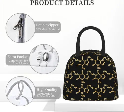 Vista 4 de Reusable Insulated Cooler Lunch Container Funny-Caffeine-Molecule-Chemistry Large Capacity Lunch Box Thermal Lunch Tote Bag