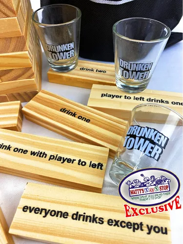 Vista 4 de Juego de 60 piezas de torre borracha de madera XL con vasos de chupito y bolsa de almacenamiento de Mystery Stop de juguete