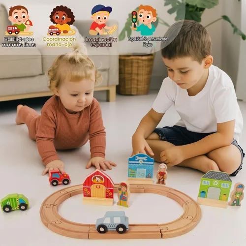Vista 5 de Juego de Tren de Madera para Niños Pequeños, Vías de Madera Compatible con Thomas, Compatible con Brio, Compatible con Chuggington, Compatible
