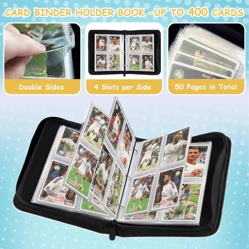 Vista 5 de Carpeta de tarjetas para tarjetas de 4 bolsillos, 400 bolsillos, carpeta de tarjetas intercambiables, libro de coleccionista, incluye 50 fundas