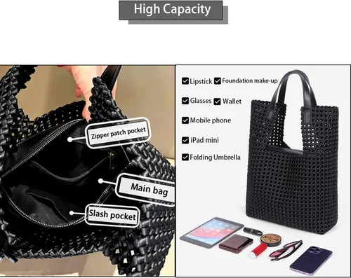 Vista 4 de JINMANXUE Bolso de mano tejido de satén de cuero para mujer, bolso hueco hacia fuera, 2 piezas, bolso de hombro femenino, bolso de comprador, bolso