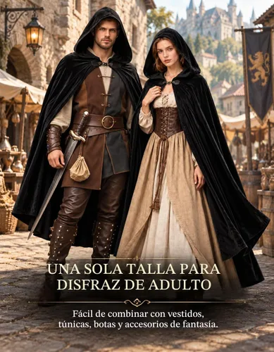 Vista 2 de JPXH Capa medieval con capucha renacentista para hombres y mujeres, disfraz de Halloween Negro