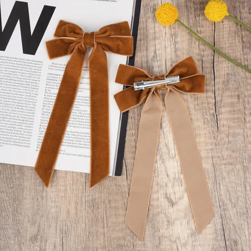 Vista 5 de 2 piezas de broches de cinta de terciopelo con lazos de pelo marrones, broches grandes de cocodrilo de otoño, accesorios para el cabello