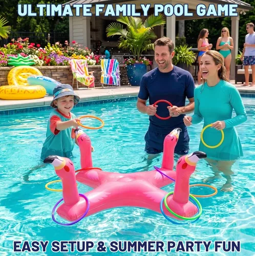Vista 2 de Uniqhia Anillo inflable para piscina con 6 anillos, juego de piscina flotante de tiburón y flamenco con 6 anillos, juegos de piscina para niños