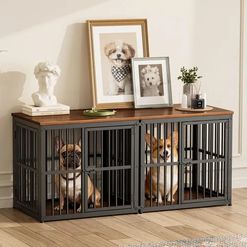 Vista 18 de Lyromix Mueble apilable para perros de 43 pulgadas, para razas grandes con habitaciones dobles, jaula de madera para perros, perrera resistente
