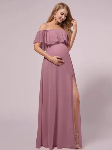 Vista 3 de Ever-Pretty Vestido largo de gasa con volantes y hombros descubiertos para mujer vestido de fiesta de embarazo vestidos de fotografía de maternidad