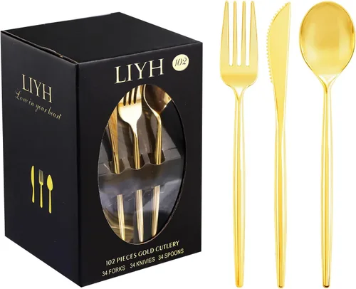 Vista 9 de LIYH - 102 cubiertos de plástico dorado desechables, utensilios de plástico dorado resistentes, cubiertos desechables que incluyen cuchillos