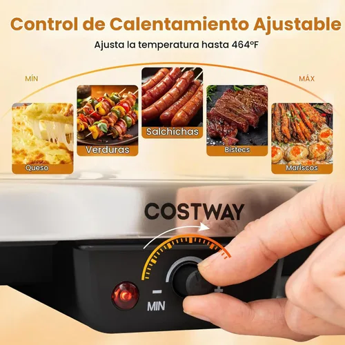 Vista 5 de COSTWAY Raclette - Parrilla para mesa 8, 2 en 1 con placa antiadherente reversible, 8 sartenes para queso, 8 espátulas de madera, pinzas y control