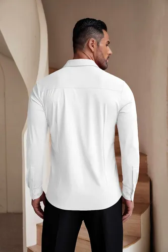Vista 3 de COOFANDY Camisas de vestir ajustadas para hombre, sin arrugas, manga larga, casuales, con botones