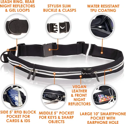 Vista 6 de Riñonera definitiva de corredores de 3 bolsillos con funda RFID, se adapta a iPhone y Android, sin rebote, resistente al agua, cinturón de correr