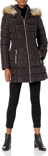 Vista 23 de Laundry by Shelli Segal Chaqueta acolchada elástica para mujer, abrigo largo de invierno con capucha de piel sintética