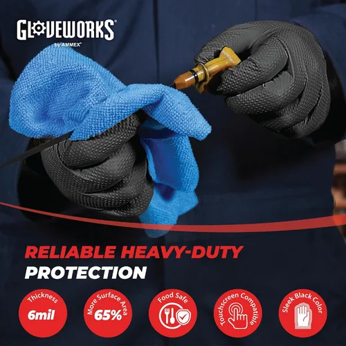 Vista 2 de Guantes de nitrilo negro HD GLOVEWORKS - 6 mil Guantes desechables, sin látex, para mecánicos
