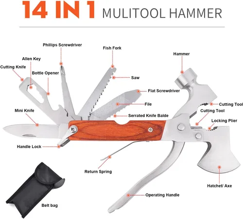 Vista 2 de Martillo multiherramienta, accesorios de equipo de campamento, kits de supervivencia, herramienta multifunción 14 en 1, mango de madera plegable