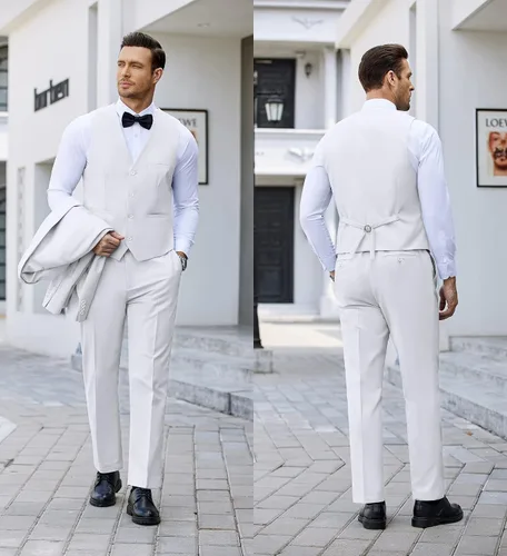 Vista 4 de COOFANDY Conjunto de esmoquin ajustado para hombre, 3 piezas, chaqueta de un botón, chaleco y pantalones con corbata