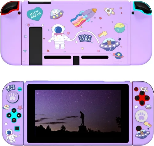 Vista 6 de ECHZOVE Bonita funda para interruptor con purpurina y flores de cerezo – Funda protectora transparente acoplable con protector de pantalla y agarres