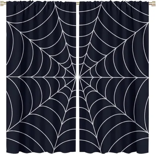 Vista 18 de Cortinas opacas de tela de araña aterradora para niños, tela de araña en blanco y negro, fondo rojo, dormitorio de niños, guardería, decoración