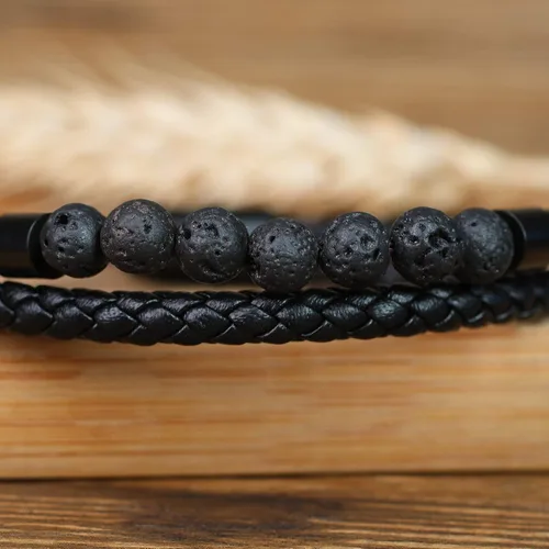 Vista 5 de COAI Pulsera de cuero de doble capa con piedras negras ónix