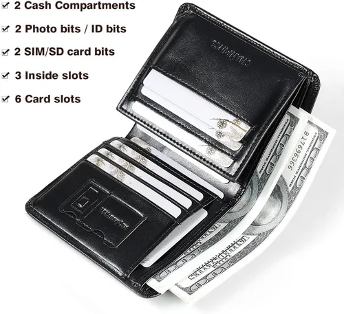 Vista 5 de Billetera de piel triple con bloqueo RFID para hombre con 2 ventanas de identificación, 2 compartimentos para efectivo, 6-8 ranuras para tarjetas