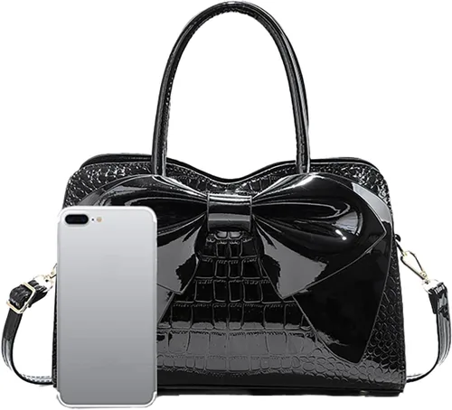 Vista 7 de Bolso tote en relieve de cocodrilo, asa superior con diseño de lazo, cierre de cremallera, bolso cruzado para fiesta de noche