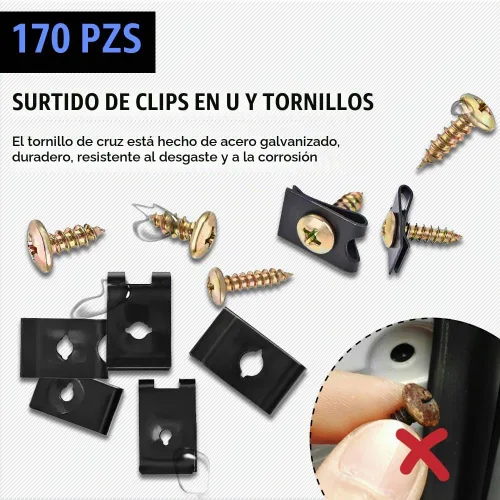 Vista 4 de Kit surtido de 170 tornillos y clips automotrices, kit surtido de clips en U y tornillos para automóvil, 9 tamaños diferentes para tuercas