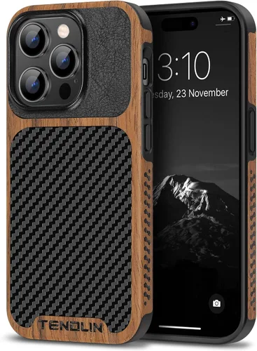 Vista 14 de TENDLIN Compatible con Funda para iPhone 14 de Grano de Madera con Diseño de Textura de Fibra de Carbono, Funda Híbrida de Cuero delgada Negra Negro