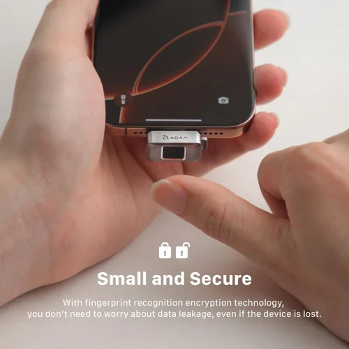 Vista 6 de ADAM elements SSD Flash Drive - iKlips S USB-C Nano Touch Fingerprint SSD de 256 GB para iPhone Serie 15/16/17