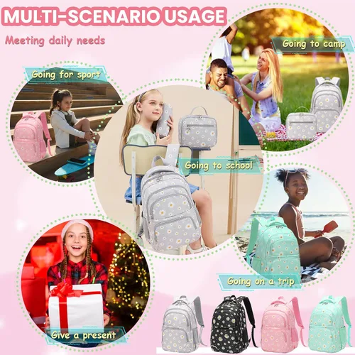 Vista 6 de YJMKOI Mochila con estampado de margaritas para niñas de secundaria y primaria, juego de mochila con lonchera (negro)