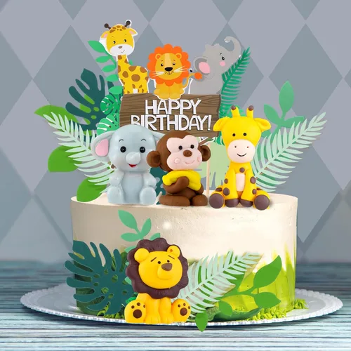Vista 5 de 36 piezas de decoración de pastel de safari con hojas, decoración de elefante, cumpleaños, decoración para tartas, animales de la selva, decoración