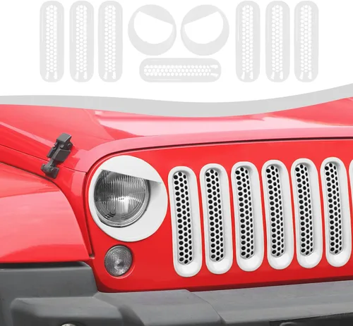 Vista 10 de Mesh Grille Grill Insert+ Headlight Turn Light Cover Trim Fit for 2007-2018 Jeep Wrangler JK JKU Style A(Red)