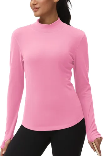 Vista 2 de THE GYM PEOPLE Camisas de forro polar de cuello alto falso de capa base, camisetas de entrenamiento de manga larga con agujero para el pulgar