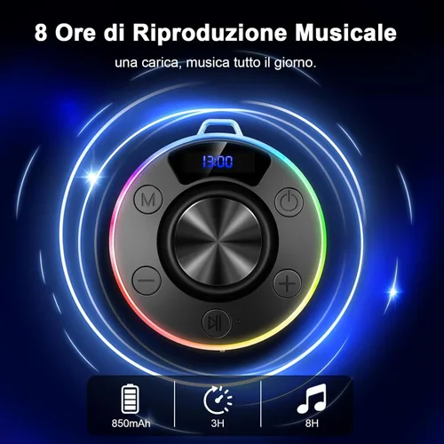 Vista 9 de Altavoz Bluetooth de ducha, IPX7 impermeable altavoces Bluetooth portátiles con ventosa, pantalla digital, graves ricos en sonido estéreo, clip