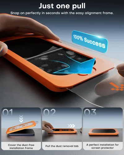 Vista 2 de OMOTON Protector de Pantalla para iPhone 17 Pro [Eliminación Automática de Polvo], Vidrio Templado con Dureza 9H+ y Resistencia a Caídas de 12FT