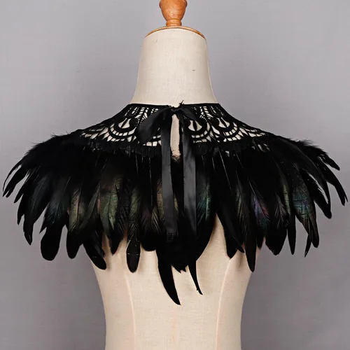 Vista 8 de L'VOW Real Negro Pluma Arnés Collar Collar Collar Babero Halloween