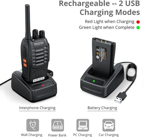 Vista 11 de Proster Walkie Talkies recargables, 1 par, radios bidireccionales de largo alcance de 16 canales con cargador USB, micrófono de auricular