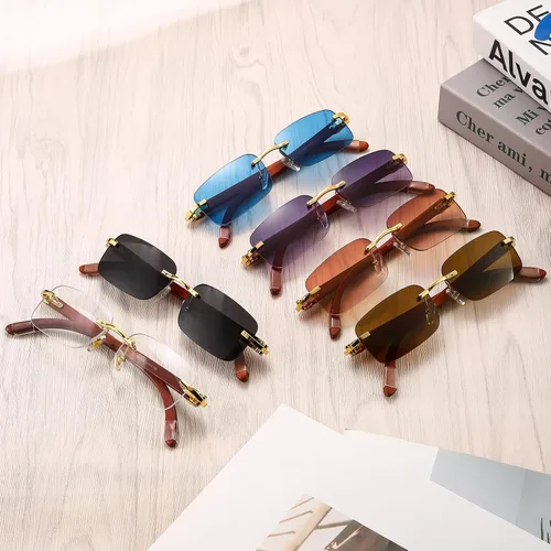 Vista 9 de Dollger Lentes de sol rectangulares sin montura para hombres y mujeres, hip-hop de madera, pequeños lentes de sol cuadrados sin marco de los años 70