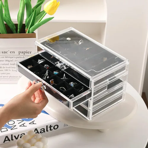 Vista 5 de Frebeauty Caja organizadora de aretes caja de joyería acrílica con 4 cajones organizador de joyas transparente con bandejas de terciopelo anillos