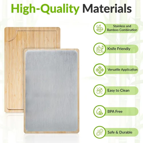 Vista 2 de GR Kraft - Tablas de cortar de doble cara de acero inoxidable y bambú, no tóxicas, duraderas, con diseño apto para cuchillos, sin microplásticos