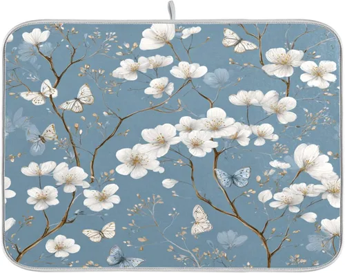 Vista 74 de Tapete de secado de platos de primavera naranja con flor de amapola para encimera de cocina, tapete escurridor absorbente de microfibra, tapete