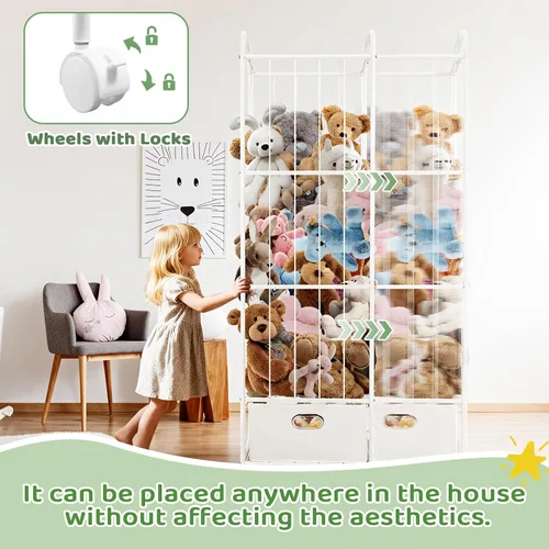 Vista 8 de Almacenamiento para Animales de Peluche, Soporte de Animales de Peluche de Metal con Cajón de Tela y Ruedas Organizador Vertical Alto de Juguetes