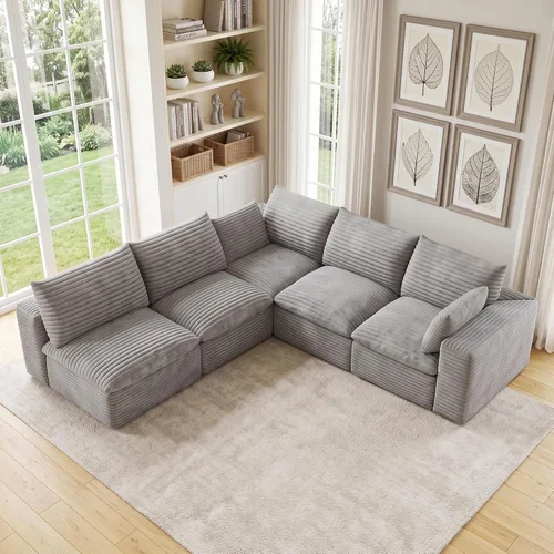 Vista 60 de 118" Cloud Couch Oversized Modular Sectional Sofa, Boneless L-Shaped 6 Seater Deep Seat Couch with Ottoman, Soft Corduroy Upholstery, DIY Negro