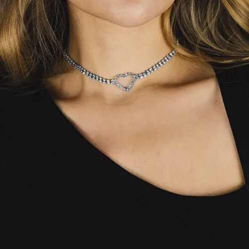 Vista 2 de Avanlin Gargantilla de diamantes de imitación, collares de corazón de diamantes de plata, cadena de cristal de 2 filas para mujeres y niñas