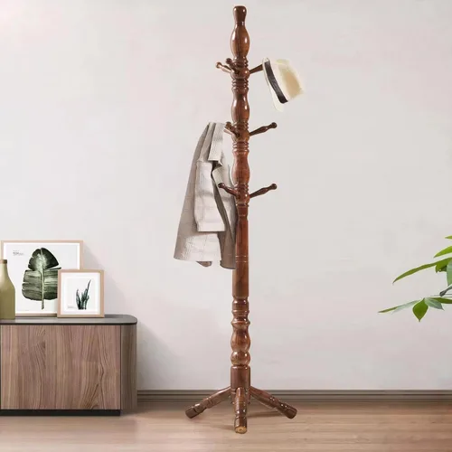 Vista 8 de Perchero de madera natural con 3 opciones de altura y 9 ganchos, fácil de montar, árbol de pasillo independiente para el hogar, oficina, entrada