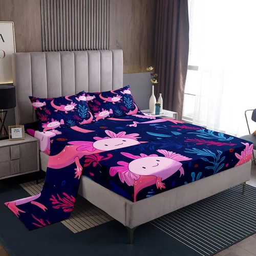 Vista 15 de Erosebridal Axolotl - Juego de ropa de cama tamaño individual, sábanas de ajolote de dibujos animados para mascotas, juego de sábanas