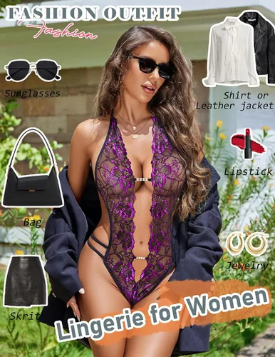 Vista 62 de Avidlove - Body de lencería de una pieza para mujer, diseño de encaje sexy con escote en V profundo, babydoll, ropa de dormir, tallas XS a XXXL