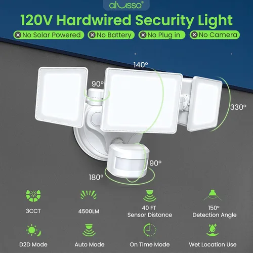 Vista 3 de ALUSSO Luces para exteriores con sensor de movimiento cableadas (no solares), luces de inundación de 40 W 4500 lm para exteriores 120 V, 3 modos