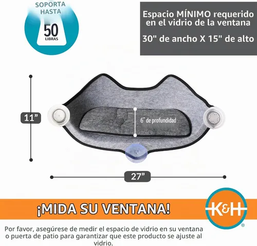 Vista 2 de K&H - Cama perca para ventana de gato, cara de gatito EZ Mount 27x11x6